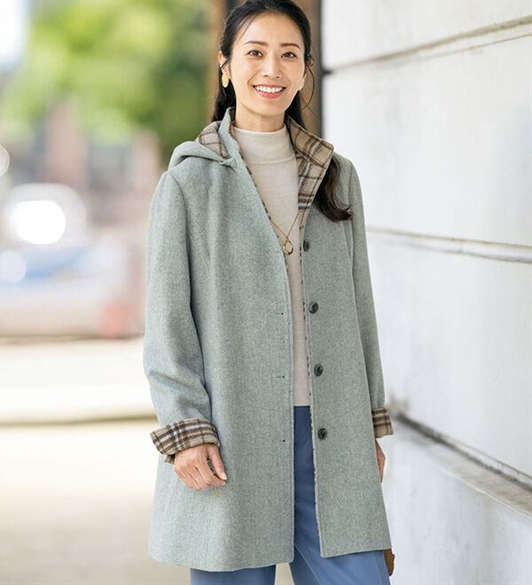 ルフラン（ルフラン）の「ウール混チェックフーディーコート（ハーフコート）」｜詳細画像