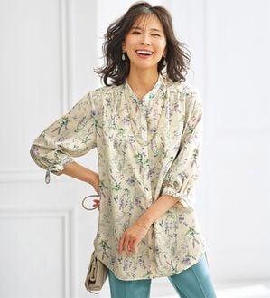 BELLUNA（ベルーナ）の「涼感柔らか袖リボンチュニック（チュニック）」｜アイボリー系花柄