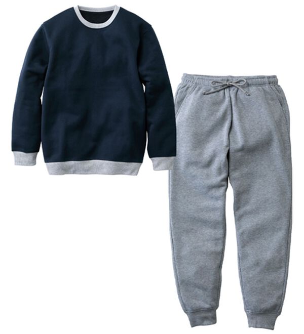 「＜シンプル＆プラス＞裏起毛スウェット上下セット（メンズルームウェア）」｜ネイビー