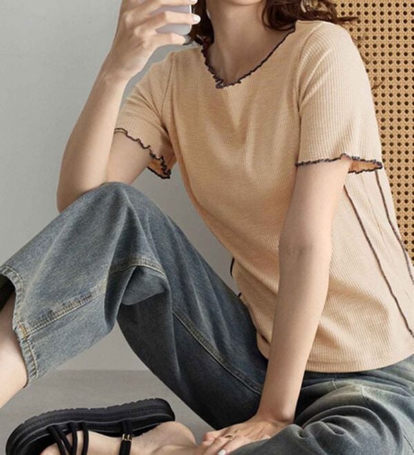 CHAN ME（チャンミ）の「配色ボートネックメロートップス（Tシャツ）」｜詳細画像