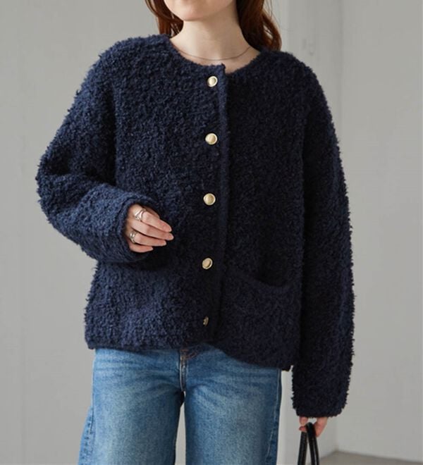 RANAN（ラナン）の「ゴールド調ボタンループ編みニットジャケット（ニットカーディガン）」｜詳細画像