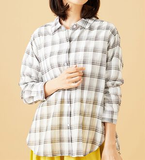 BELLUNA（ベルーナ）の「涼やか綿１００％シアー素材チェックシャツ（チュニック）」｜オフ白系