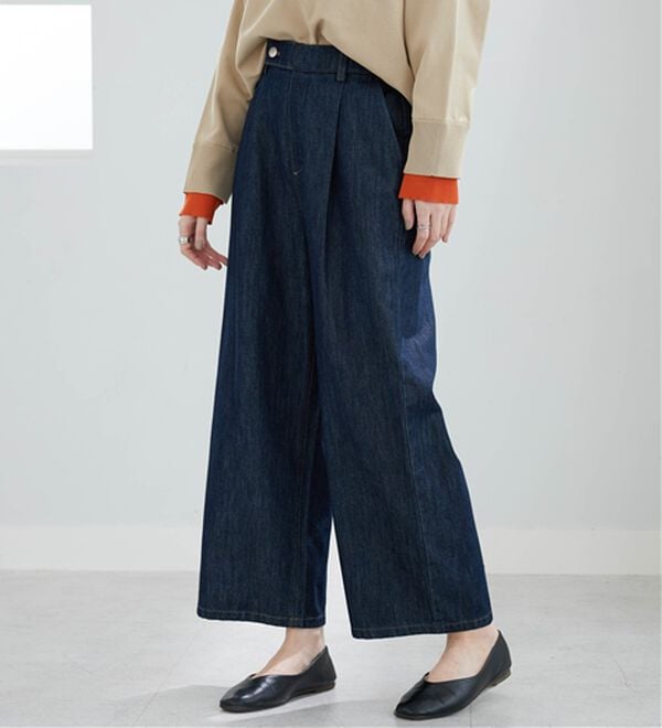 BELLUNA（ベルーナ）の「やわらかデニム素材ウエストタブパンツ（ワイドパンツ・ガウチョ）」｜詳細画像