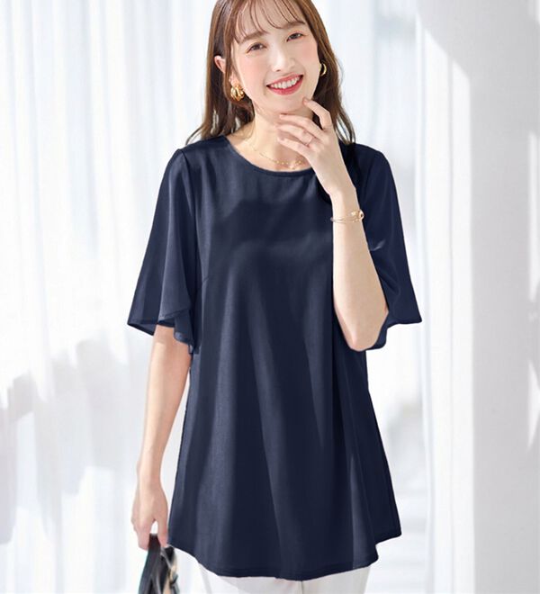 alotta（アロッタ）の「【接触冷感】袖シフォン異素材切替チュニックＴシャツ（チュニック）」｜詳細画像