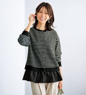 BELLUNA（ベルーナ）の「裏起毛素材ドッキングカーディガン（その他カーディガン）」｜黒ボーダー