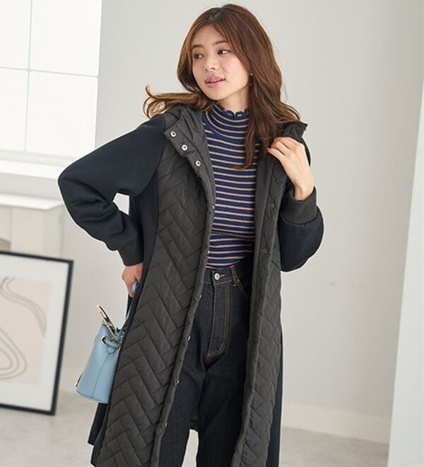 BELLUNA（ベルーナ）の「お出かけにこれ一枚！幾何柄キルト切替ロングコート（ロングコート）」｜詳細画像