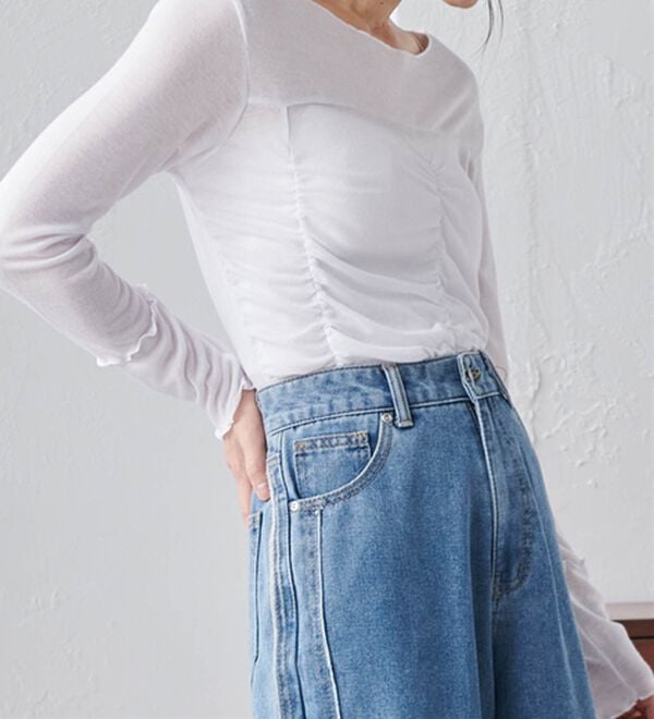 RANAN（ラナン）の「ギャザーデザインシアーTシャツ（Tシャツ）」｜詳細画像