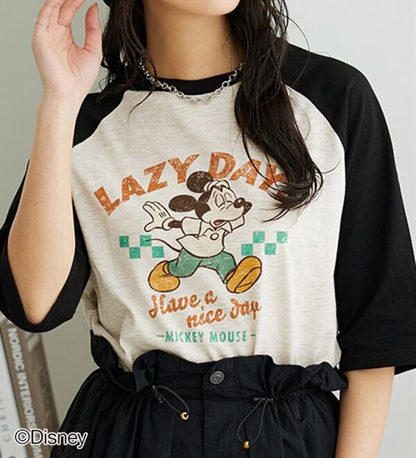 Disney＞【ミッキー】プリント7分丈ラグランTシャツ