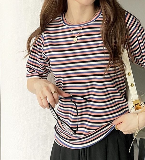 GeeRA（ジーラ）の「マルチボーダー５分袖リブカットソー（カットソー）」｜詳細画像