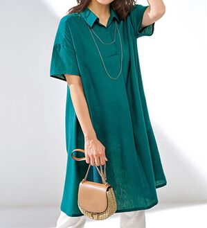 BELLUNA（ベルーナ）の「機能付リネン混スキッパーワンピース（カットソーワンピース）」｜エメラルドグリーン