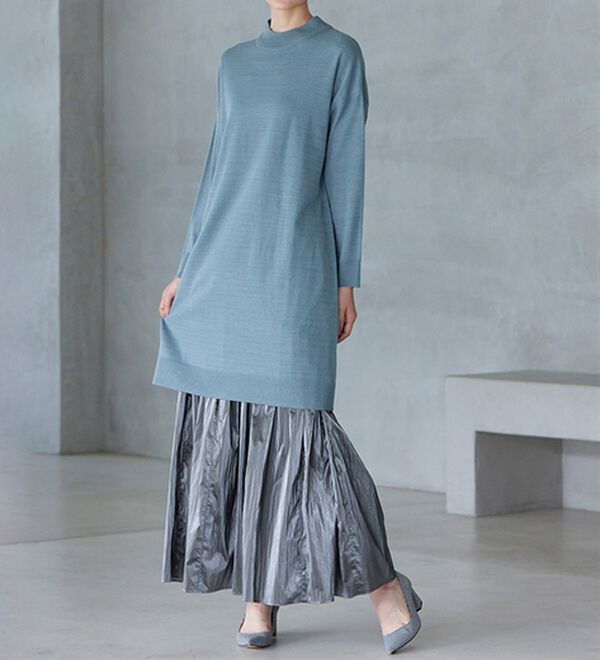 RANAN（ラナン）の「カシミヤタッチニットチュニックワンピース（チュニック）」｜ブルーグレー ハイネック