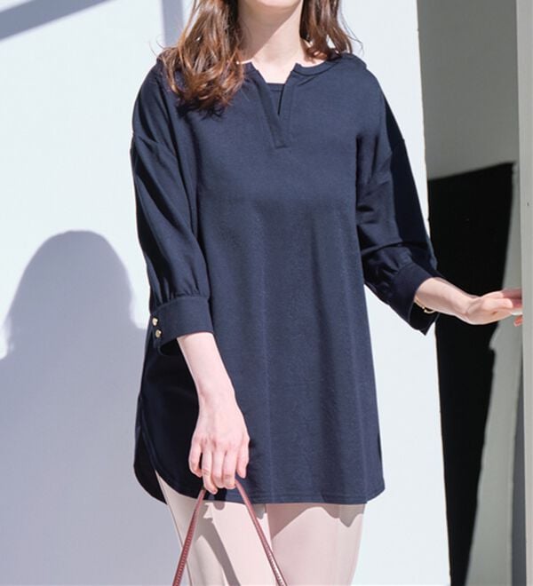 alotta（アロッタ）の「【接触冷感】６分袖衿フェイク裾ラウンドチュニック（チュニック）」｜詳細画像