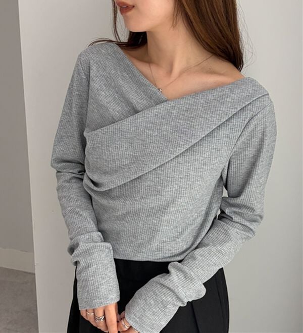 RANAN（ラナン）の「【春色追加】上品ドレープリブロングＴシャツ（カットソー）」｜杢グレー