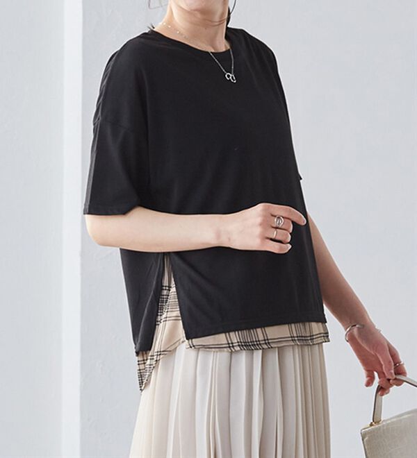 RANAN（ラナン）の「チェック柄異素材使いTシャツ（チュニック）」｜詳細画像