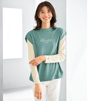 BELLUNA（ベルーナ）の「＜ＥＬＬＥ　Ａｃｔｉｖｅ＞メッシュ素材重ね着風プルオーバー（カットソー）」｜セージ系
