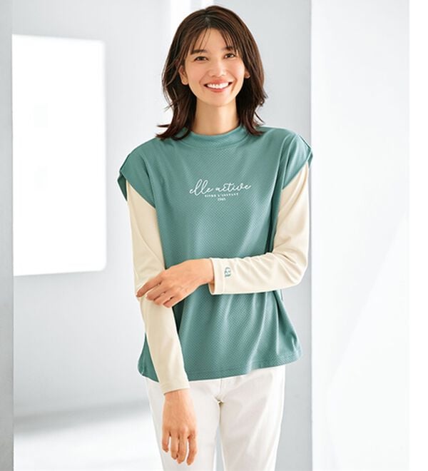 BELLUNA（ベルーナ）の「＜ＥＬＬＥ　Ａｃｔｉｖｅ＞メッシュ素材重ね着風プルオーバー（カットソー）」｜セージ系