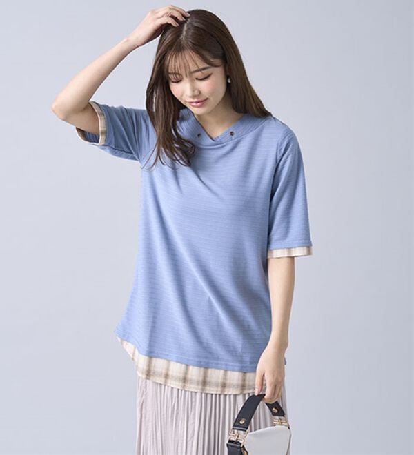 BELLUNA（ベルーナ）の「ひんやり冷感！タックジャカード素材重ね着風プルオーバー（カットソー）」｜詳細画像