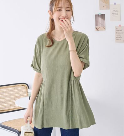 alotta（アロッタ）の「【４つの機能付】さらり軽やか楊柳カットソーギャザーチュニック（チュニック）」