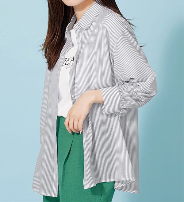 BELLUNA（ベルーナ）の「シアーストライプ素材ベーシックシャツ（シャツ）」｜ネイビー系