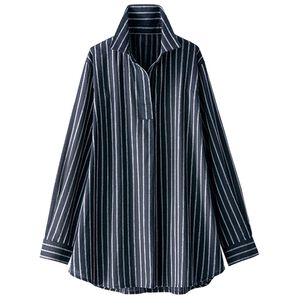 BELLUNA（ベルーナ）の「やわらかな着心地！テンセル綿素材スキッパーシャツチュニック（チュニック）」｜ネイビー系ストライプ