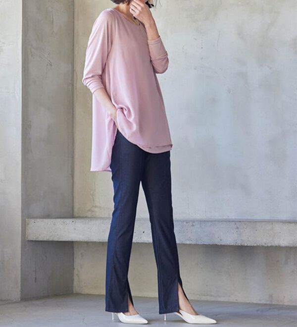 RANAN（ラナン）の「ひんやり！デニム調スリットパンツ（フルレングスパンツ）」｜詳細画像