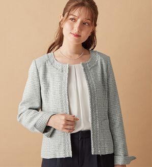 alotta（アロッタ）の「入学式卒業式に！フリンジ使いツイードノーカラージャケット＜Ｍ～５Ｌ＞（ノーカラージャケット）」｜ライトグレー系