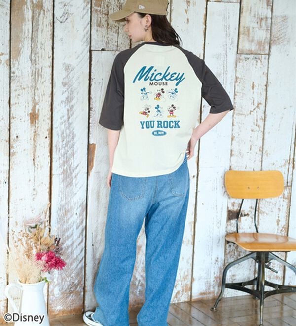 Disney＞【ミッキー】バックプリント7分丈ラグランTシャツ