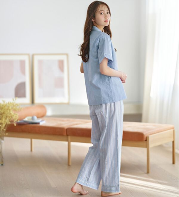 YU'NOW（ユナウ）の「【半袖＋ロングパンツ】綿１００％サッカーシャツパジャマ（パジャマ・ルームウェア）」｜詳細画像