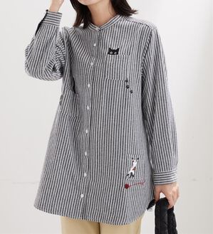 BELLUNA（ベルーナ）の「【あったか】裏フリース素材ネコ刺しゅうシャツチュニック（チュニック）」｜ストライプ