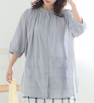 A HAPPY MARILYN（アハッピーマリリン）の「【Ｌ～６Ｌ】【風通るプレミアム】綿・楊柳七分袖はしごレースブラウス（ブラウス）」｜グレー