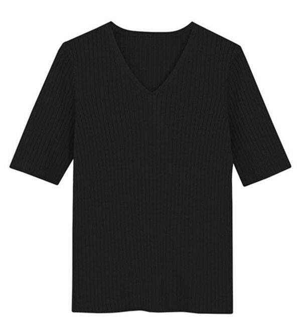 Pierrot（ピエロ）の「【洗濯機で洗える】ネックが選べるシルクタッチ半袖リブニット（ニット・セーター）」｜詳細画像