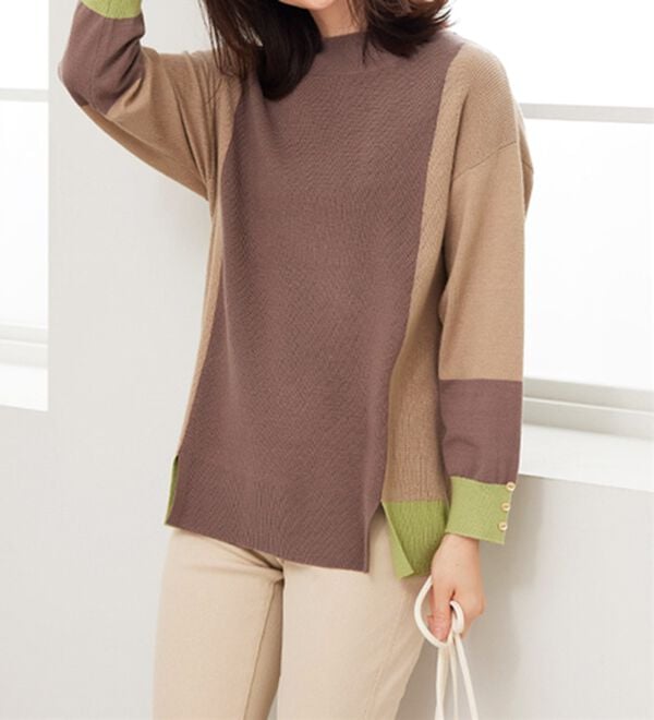 BELLUNA（ベルーナ）の「配色デザイン編地切替ニットプルオーバー（ニット・セーター）」｜詳細画像