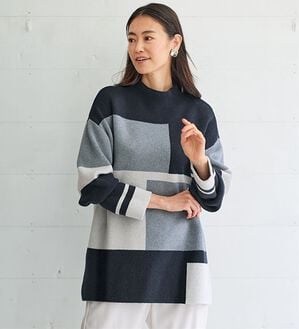BELLUNA（ベルーナ）の「体型カバー配色ブロック柄ニットプルオーバー（ニット・セーター）」｜グレー系