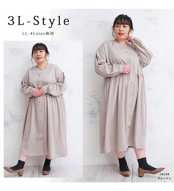 A HAPPY MARILYN（アハッピーマリリン）の「【ＬＬ～６Ｌ】「ゆとりＭＡＲＩＬＹＮ」ストライプ前開きシャツワンピース（シャツワンピース）」｜詳細画像