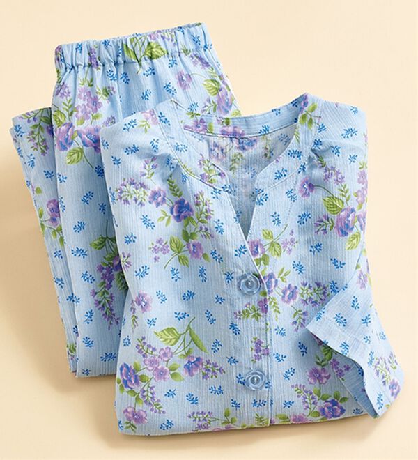 「選べて嬉しい楊柳パジャマ（パジャマ・ルームウェア）」｜キーネックタイプ(ブルー)