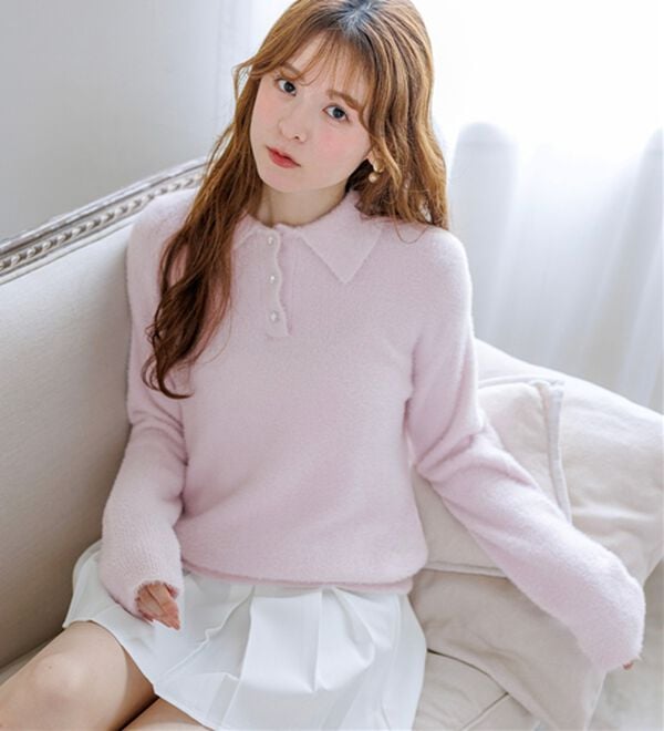 alotta（アロッタ）の「【Corie】衿付きフェザーニット（ニット・セーター）」｜ピンク