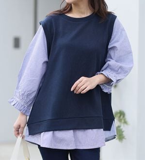 A HAPPY MARILYN（アハッピーマリリン）の「【Ｌ～６Ｌ】華奢魅せ&times;お洒落さっと着てパッと可愛い１枚で完成ドッキングトップス（カットソー）」｜ネイビー&times;ストライプ