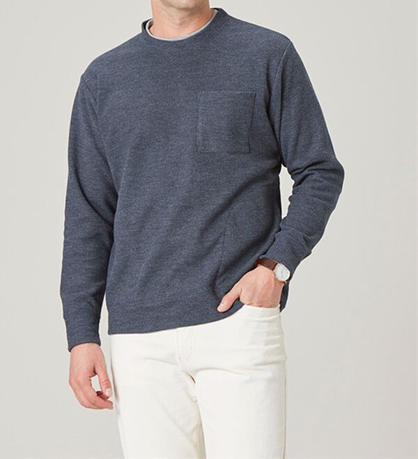 「重ね着手間いらずの上品見え杢調ニットトレーナー（メンズトレーナー）」｜詳細画像