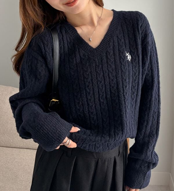 RANAN（ラナン）の「＜U.S.POLO ASSN.＞ワンポイントケーブルVネックニット（ニット・セーター）」｜詳細画像