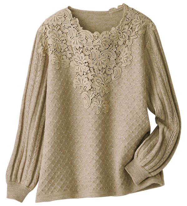 BELLUNA（ベルーナ）の「ケミカルレース使い編地変化デザインセーター（ニット・セーター）」｜杢ベージュ