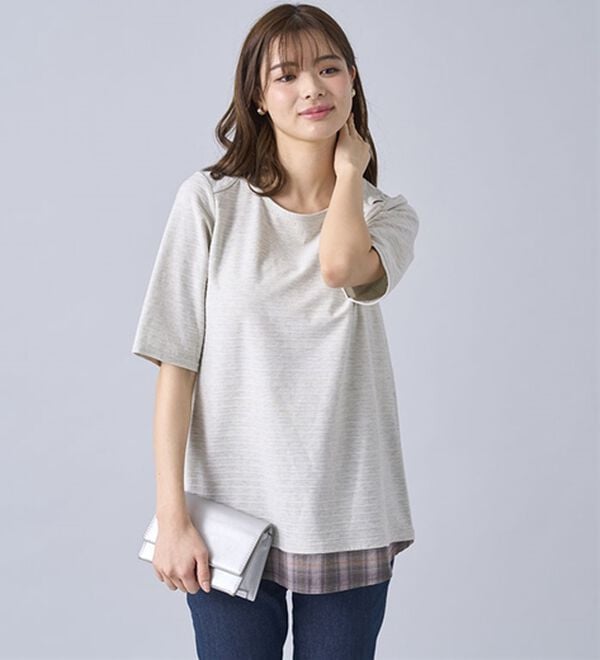 BELLUNA（ベルーナ）の「ひんやり冷感！タックジャカード素材重ね着風プルオーバー（カットソー）」｜詳細画像