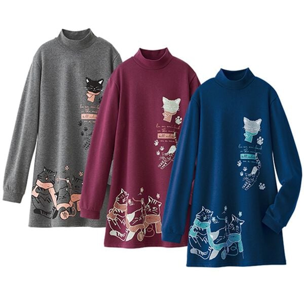 「【３枚組】ネコちゃん裏起毛トレーナーチュニック（チュニック）」｜ネイビー系