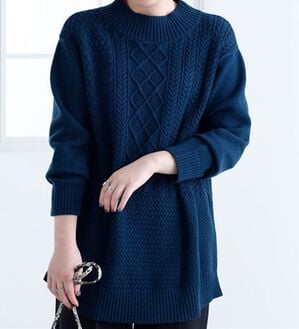 BELLUNA（ベルーナ）の「パッチワーク調ケーブルニットチュニック（チュニック）」｜ターコイズ