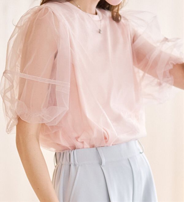 RANAN（ラナン）の「【ひんやり】チュールレイヤードパフスリーブTシャツ（カットソー）」｜詳細画像