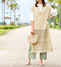 BELLUNA（ベルーナ）の「麻調ニット素材透かし編ロングベスト（ベスト）」