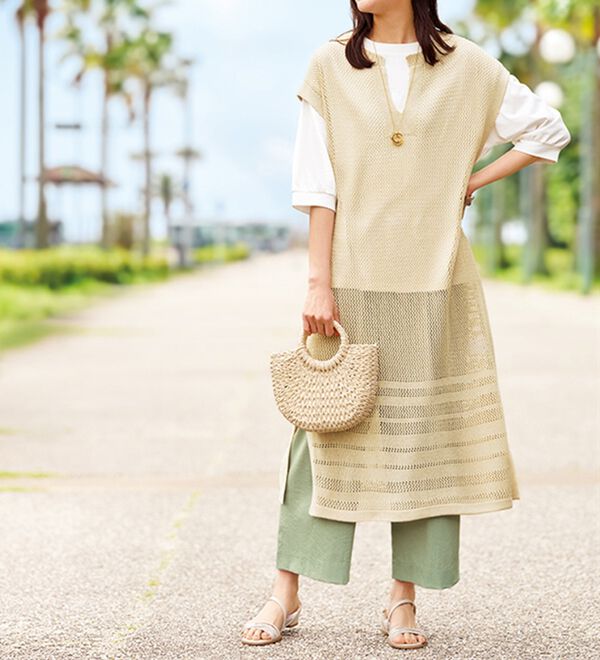 BELLUNA（ベルーナ）の「麻調ニット素材透かし編ロングベスト（ベスト）」｜詳細画像