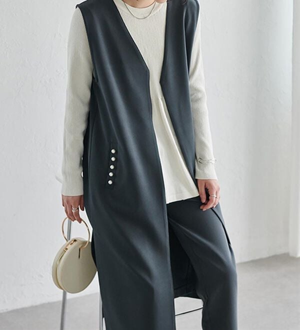 RANAN（ラナン）の「【セットアップ対応】パール調ビジュー付ロングジレ（ジレ）」｜詳細画像