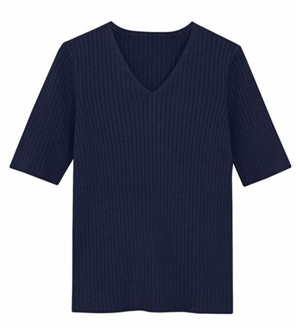 Pierrot（ピエロ）の「【洗濯機で洗える】ネックが選べるシルクタッチ半袖リブニット（ニット・セーター）」｜詳細画像