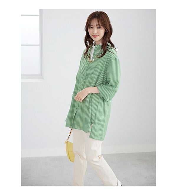 BELLUNA（ベルーナ）の「お手入れ簡単！ストライプ切替シャツチュニック（チュニック）」｜詳細画像