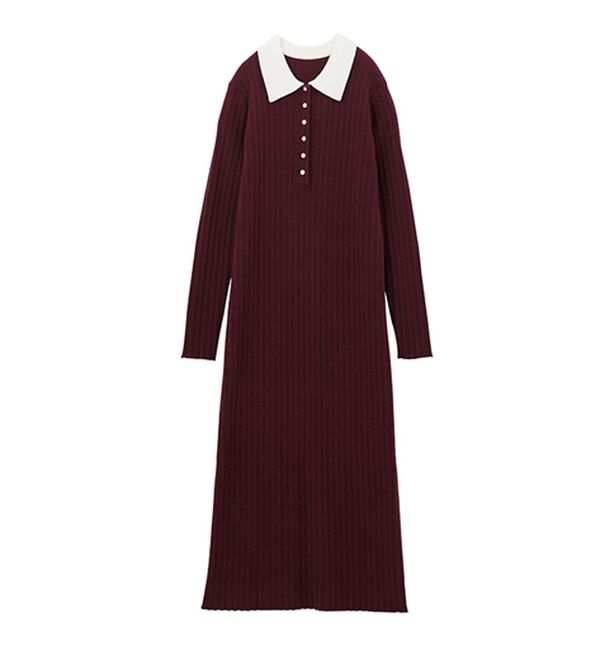 バーガンディ リブニットワンピース フィギュア ポロカラーリブニットワンピース - ベルーナ【公式】